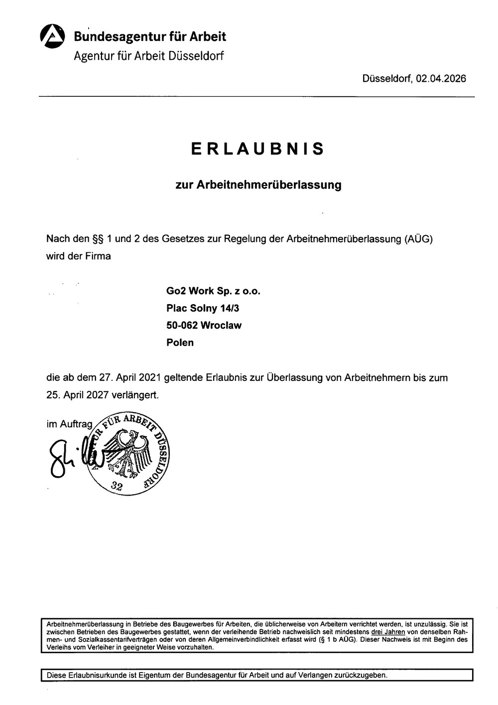 Erlaubnis zur Arbeitnehmerüberlassung — Bundesagentur für Arbeit