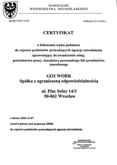 Certyfikat KRAZ 25054 — pośrednictwo pracy